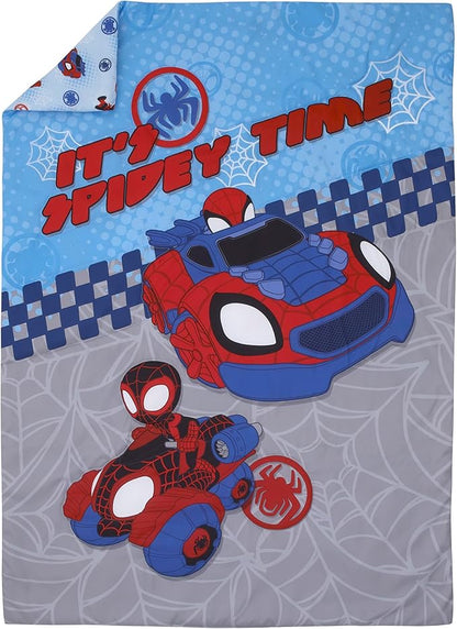 NoJo Marvel Spiderman Spidey and his Amazing Friends Spidey Time Red, Blue, and Grey 4 Piece Toddler Bed Set - Comforter, Fitted Bottom Sheet, Flat Top Sheet, and Reversible Pillowcase