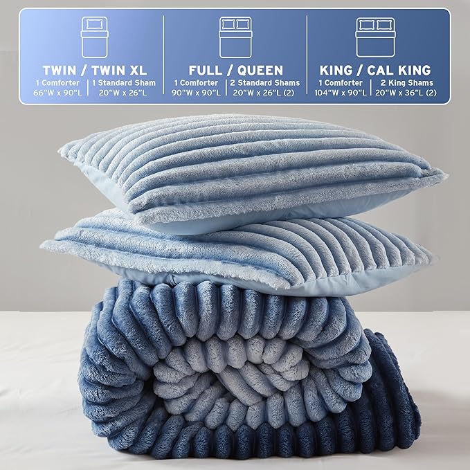 Intelligent Design King Comforter Set, Plush Bedding, Microfiber Reverse, 3 Piece, Lightweight, Super Soft Ribbed Velvet Comforter 2 Shams, All Season Fluffy Bed Set, Avril, King/Cal King Blue Ombre