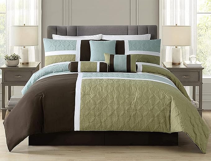 Chezmoi Collection Upland 7-Piece Quilted Patchwork Comforter Set, Coffee Brown/Aqua Blue/Sage Green, Oversized King