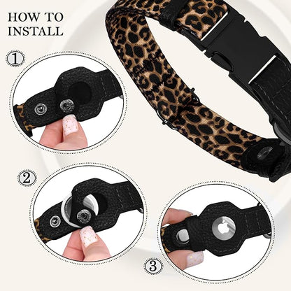 AirTag Dog Collar for Small Medium Large Breed - Adjustable Cute Pattern Dog Collar with Airtag Holder - Soft Leather Tracker GPS Apple Air Tag Pet Collars (Large, 17"-21" Neck Fit, Leopard)