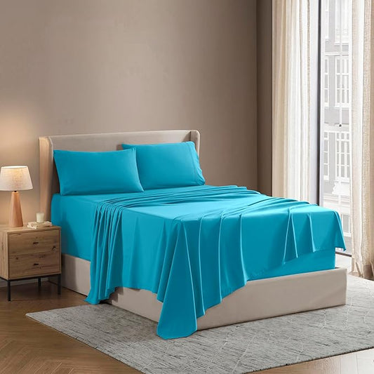 Nestl Short Queen Sheet Set - 1800 Ultra-Soft Microfiber - Double Brushed - Deep Pockets - Easy Fit - 4 Piece Set - Bed Sheets (Short Queen, Bright Blue)