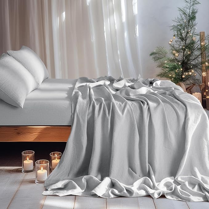 LBRO2M 100% Pure Linen Sheet Set Deep Pocket Up to 16" Bed Sheets Sets, Natural Flax Beddings Soft, Breathable, Comfortable for All Seasons 4 Pcs Sheet Set California King Size, Grey