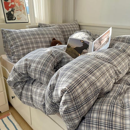 MKXI Twin Modern Plaid Duvet Cover Set 3 Piece - Deep Navy Washed Cotton Bedding, Modern Farmhouse Check Design, Breathable & Vintage Linen Like Bedding Set with Zipper Closure