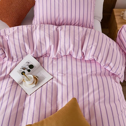 Merryword 100% Cotton Duvet Cover Set King Size - Pink & Purple Striped Bedding Set with Zipper & Corner Ties, 3-Piece Luxury & Silky Soft Bedding Set for All Seasons