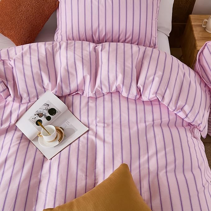 Merryword 100% Cotton Duvet Cover Set Queen Size - Pink & Purple Striped Bedding Set with Zipper & Corner Ties, 3-Piece Luxury & Silky Soft Bedding Set for All Seasons