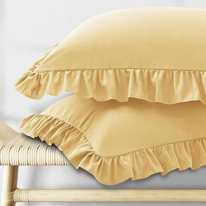KKJIAF Ruffle Pillow Cases Queen Size Set of 2, Ruffled Pillow Covers with Envelope Closure, Wrinkle Resistant Ruffled Pillow Shams 20" x 30", Gold