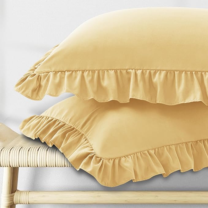 KKJIAF Ruffle Pillow Cases King Size Set of 2, Ruffled Pillow Covers with Envelope Closure, Wrinkle Resistant Ruffled Pillow Shams 20" x 36", Gold