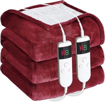 Electric Heated Blanket Queen Size 84''x90'' - Dual-Control Heating Blanket, Soft & Warm Flannel 10-Level Temperature Control, 8 Hours Auto Off, Rapid Heating & Overheat Protection