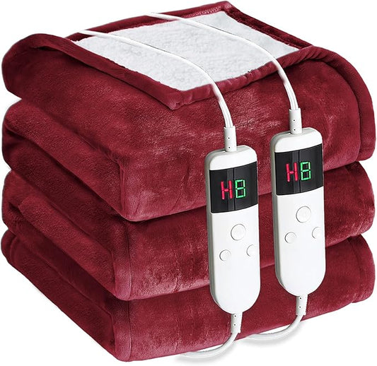 Electric Heated Blanket Queen Size 84''x90'' - Dual-Control Heating Blanket, Soft & Warm Flannel 10-Level Temperature Control, 8 Hours Auto Off, Rapid Heating & Overheat Protection