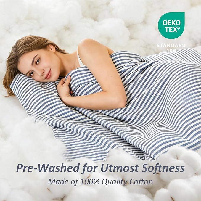 EMME Cotton Muslin Queen Blanket Bed Layering Bedspread Coverlet Breathable Gauze Soft Lightweight Adults (Striped Navy, 90"x90")
