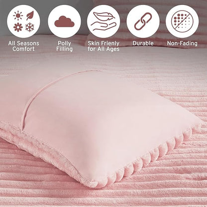Intelligent Design Queen Comforter Set, Cozy Plush Bedding, Microfiber Reverse, 3 Piece, Lightweight, Super Soft Ribbed Velvet Comforter 2 Shams, All Season Fluffy Bed Set, Avril, Full/Queen Pink