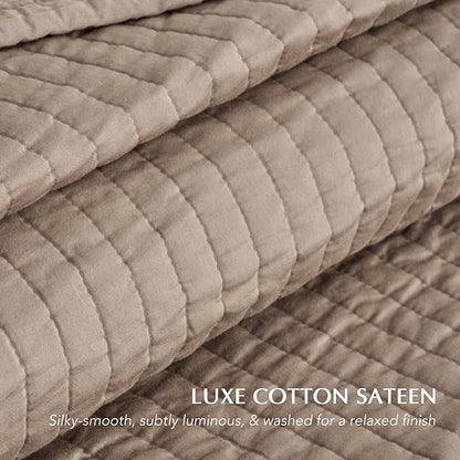 EVERGRACEHOME Cotton Sateen Quilt Set King Size, Pre-Washed Cotton Channel Stitch Coverlet Bedspread, 3 Pieces Lightweight Soft Bedding Sets for All Season, with 2 Pillow Shams, Stone Taupe