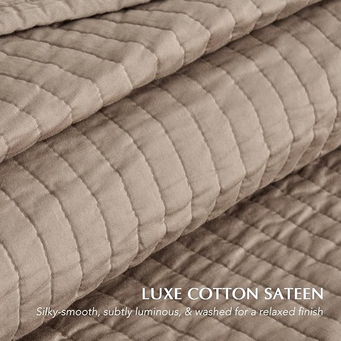 EVERGRACEHOME Cotton Sateen Quilt Set Queen Size, Pre-Washed Cotton Channel Stitch Coverlet Bedspread, 3 Pieces Lightweight Soft Bedding Sets for All Season, with 2 Pillow Shams, Stone Taupe