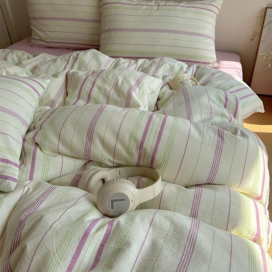 EAVD Vintage Striped Comforter Set Queen Soft Cotton Retro Purple&Green Vertical Striped Bedding Set with 2 Pillowcases Boho Geometric Pattern Comforter Set for All-Season Breathable Lightweight