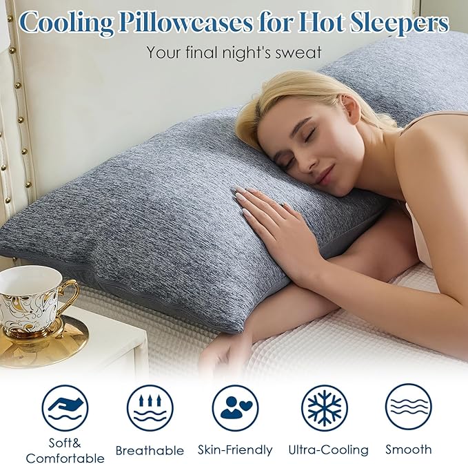 CHOSHOME Cooling Pillow Cases Zipper Pillow Covers Q-Max > 0.45 Zippered Pillowcases for Hot Sleepers, Soft, Breathable, Skin-Friendly, 2 Pack (King, 20"x36", Navy Blue)