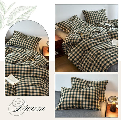 EAVD Vintage Style Beige&Green Plaid Duvet Cover Set Full 100% Washed Cotton Like Linen Feel Soft Grid Checkered Bedding Set with 2 Pillowcases Farmhouse Geometric Pattern Duvet Cover with Zipper