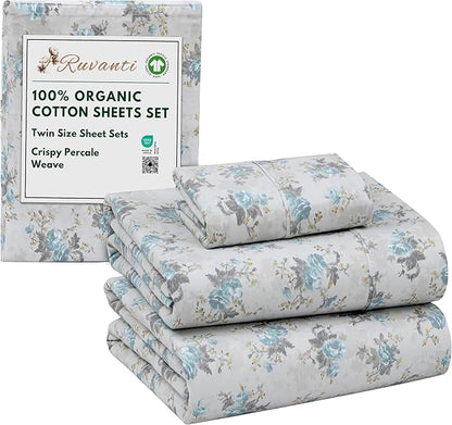 RUVANTI 100% Organic Cotton Sheets Twin Size, Percale Weave, GOTS Certified, 3-Piece Set, Deep Pocket 15", Crisp & Breathable, Soft Durable Bedding, Sábanas Algodón Orgánico – Blue Rose