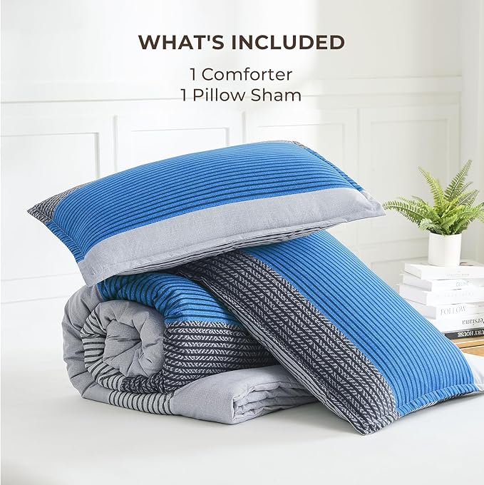 Litanika Blue Grey Bed Comforter Twin Comforter Boys Men Striped Bedding Comforter Set, 2 Pieces Lightweight Soft All Season Down Alternative Comforter