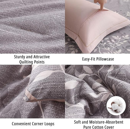 Vintage Gray Cotton Comforter Queen Size 3Pcs - Luxurious Design with White & Charcoal Branches Pattern, Elegant Dusty Pink Reversible Lightweight Bedding Sets with Soft Fill(90"×90")