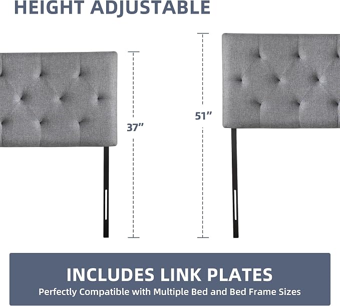 Linen Headboard Queen Size Only, Adjustable Height 37-51 in, Light Gray | Diamond Tufting Solid Wood Queen Headboards, Durable Metal Legs, Upholstered Queen Head Board for Bed Frame, Modern Fabric