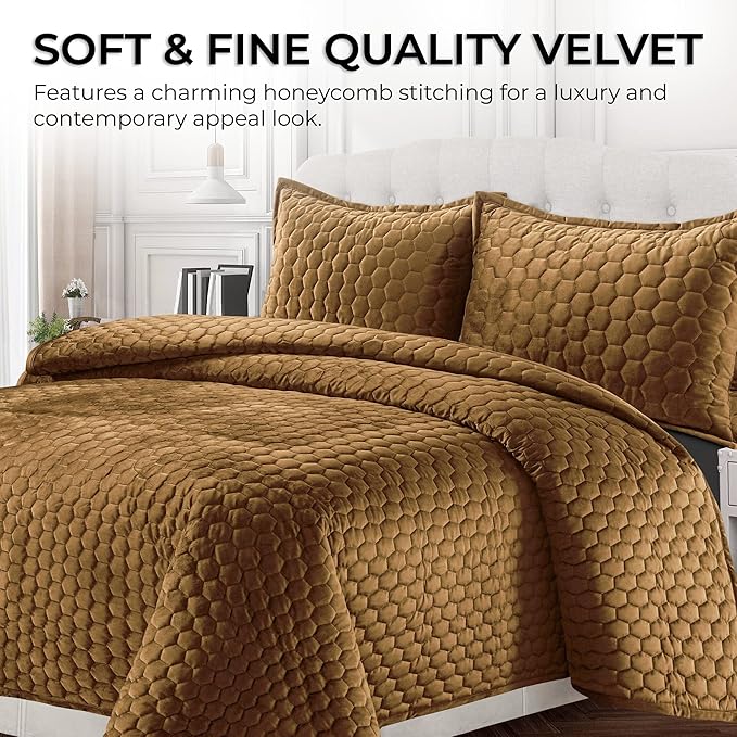 Tribeca Living Lugano Oversized Velvet Quilt Set - All Season, Extra Large, 3 Piece Queen Size Comforter Set with 2 Pillow Shams in Camel Honeycomb Pattern 260GSM