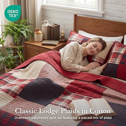 Woolrich Sunset Reversible Quilt Set - Cottage Styling Reversed to Solid Color, All Season Lightweight Coverlet, Cozy Bedding Layer, Matching Shams, Oversized Full/Queen, Plaid Red 3 Piece