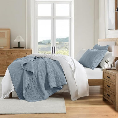 HORIMOTE HOME 100% Cotton Quilt Set Twin Size, Adriatic Blue Pre-Washed Bedspreads Coverlet Set in Geometric Pattern, Cozy Lightweight Stitching Decorative Bedding Cover with 1 Sham for All Season