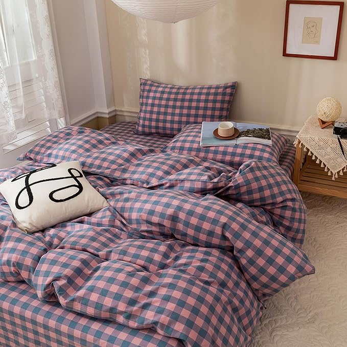 EAVD Gingham Comforter Set Queen Purple Pink Grid Plaid Comforter Set Soft Fluffy Grid Checkered Pattern Bedding Set with 2 Pillowcases Modern Farmhouse Gingham Bedding Set for All-Season