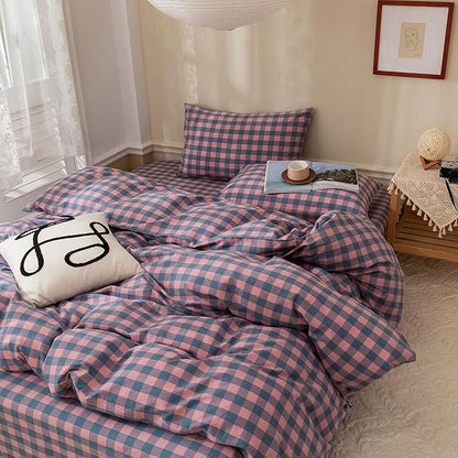 EAVD Gingham Comforter Set Queen Purple Pink Grid Plaid Comforter Set Soft Fluffy Grid Checkered Pattern Bedding Set with 2 Pillowcases Modern Farmhouse Gingham Bedding Set for All-Season