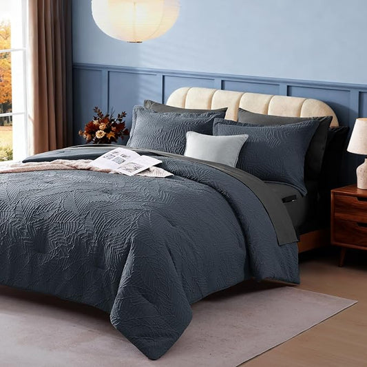 Geniospin Twin Comforter Set - 5 Pieces Blue Gray Textured Bed in Bag, Twin Bedding Sets with Comforter, Sheets, Pillowcases & Shams, All Season Blue Gray Bedding