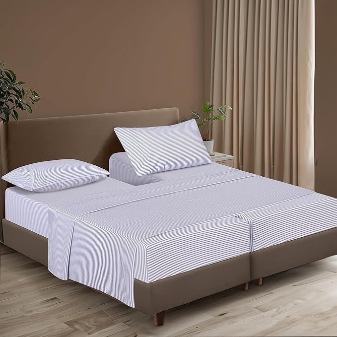 ZOYER 100% Cotton Sheets – Split King Size Percale Bedding, Cooling & Breathable, Durable with a Crisp, Soft & Comfortable Feel, 16" Deep Pocket, 5-Piece Set, Grey Stripe