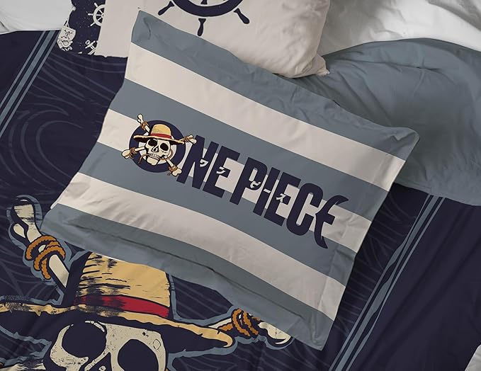 Jay Franco One Piece Full Size Comforter Set - 7 Piece Blue Bedding Includes Sheet Set & Pillow Covers - Super Soft Anime Bedding with Skull and Bones