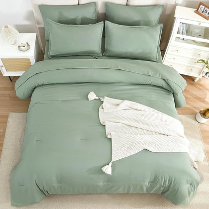 Litanika Comforter King Size Set Sage Green - 7 Pieces Bed in a Bag King Bedding Comforter Sets, Plain Lightweight Bed Set with Comforter, Sheets, Pillowcases & Shams