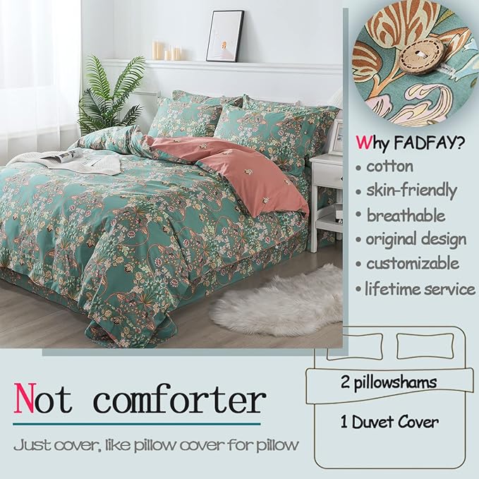 FADFAY Duvet Cover Set Floral Bedding Button Closure Twin 100% Cotton 600 TC Shabby Vintage Reversible Blue Orange Comforter Cover Ultra Soft Breathable Luxury Boho Bedding Set 3Pcs