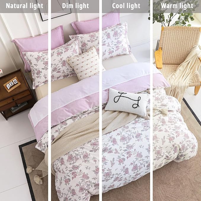 Pink Floral Cotton Comforter Queen Size 3PC - Vintage Romantic Botanical on Soft White with Smoky Pink Floral Reverse – Cozy Reversible Lightweight Comforter Set with Soft Fill(90"×90")