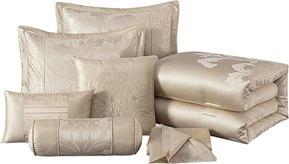 Chezmoi Collection Royale 7-Piece Jacquard Floral Comforter Set, King, Champagne
