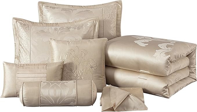 Chezmoi Collection Royale 7-Piece Jacquard Floral Comforter Set, Queen, Champagne