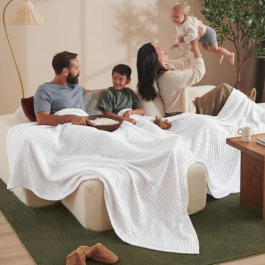 Bedsure Cooling Cotton Waffle Oversized King Blanket - Lightweight Breathable Blankets Rayon Derived from Bamboo for Hot Sleepers, Luxury Throws for Bed and Sofa, White, 120x96 Inches
