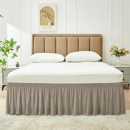 Biscaynebay Wrap Around Bed Skirts for King & Cal King Beds Short Drop of 12", Taupe Adjustable Elastic Dust Ruffles Easy Fit Wrinkle Resistant Silky Luxurious Fabric Machine Washable