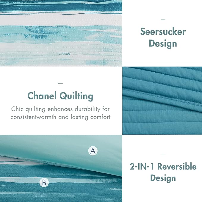Madison Park Marina Comforter Quilt Combo Set - Modern Luxury Design, All Season Down Alternative Bedding, Matching Shams, Decorative Pillows, Full/Queen(90"x90"), Aqua 8 Piece