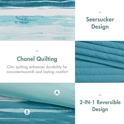 Madison Park Marina Comforter Quilt Combo Set - Modern Luxury Design, All Season Down Alternative Bedding, Matching Shams, Decorative Pillows, King/Cal King(104"x92"), Aqua 8 Piece