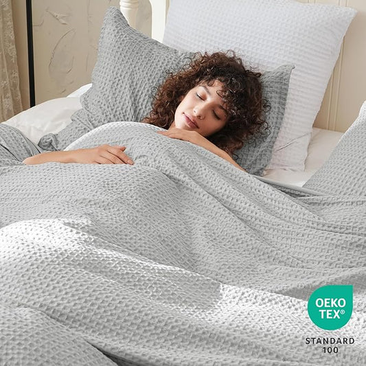 PHF Waffle Weave Duvet Cover Set Twin/Twin XL Size, No Snagging Soft Luxury Textured Breathable Comforter Cover for All Season 2pcs, Durable Bedding Duvet Set with 1 Pillow Sham, 68"x90", Light Grey