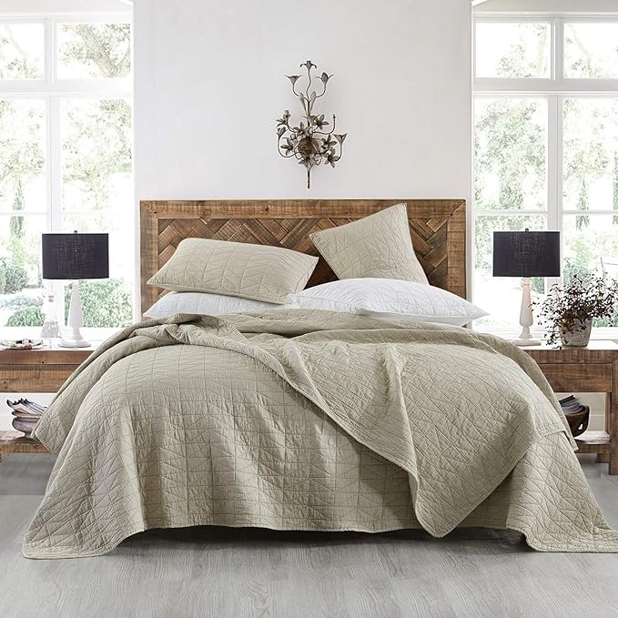 HORIMOTE HOME Quilt Set King Size, Stone-Washed Chic Rustic Beige Coverlet with Classic Triangle Stitched Pattern, Ultra Soft Lightweight Quilted Bedspread for All Season, 3 Pieces