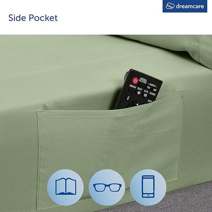 DREAMCARE King Size Sheets Set - Cooling Bed Sheets - 4pcs Set - up to 15" Deep Pocket King Sheet Set – Soft & Long Lasting Cooling - 100% Fine Brushed Microfiber with Side Pocket - Sage Green