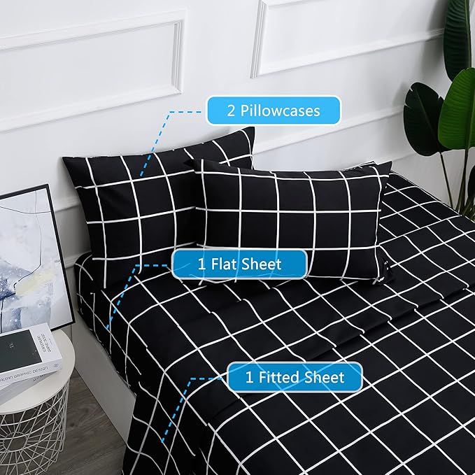 Best Season Bed Sheet Set 4 Pieces -Full Size-Soft Durable Microfiber Bedding Sheet Set,Deep Pocket,Stain,Fade & Wrinkle Resistant (Plaid Black)