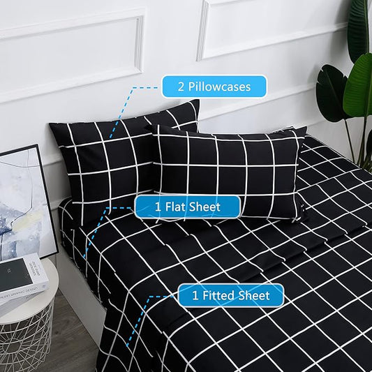 Best Season Bed Sheet Set 4 Pieces -Full Size-Soft Durable Microfiber Bedding Sheet Set,Deep Pocket,Stain,Fade & Wrinkle Resistant (Plaid Black)
