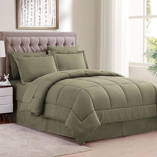 Sweet Home Collection 8 Piece Comforter Set Bag with Dobby Stripe Design, Bed Fitted, 1 Flat Sheet, 2 Pillowcases, 2 Shams, King Sage, Case Pack (Pack of 3)