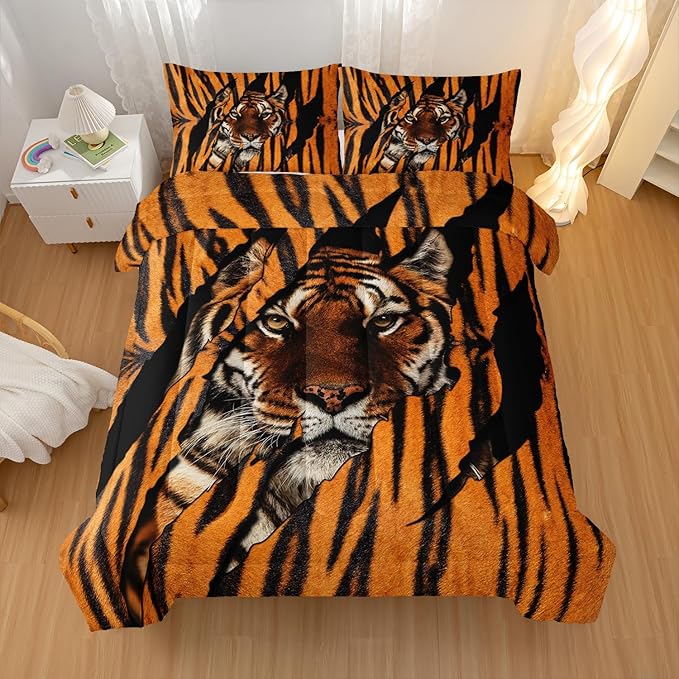 Mighty Tiger Comforter Sets King Size,Animal Bedding Set for Your Room,Tiger Fur Soft Lightweight Quilted Set All Season,1 Comforter and 2 Pillowcases