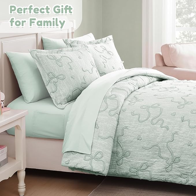 Geniospin Light Green Queen Comforter Set for Girls- 7 Pieces Bowknot Jacquard Bed in A Bag Queen Bedding Sets with Sheets, Pillowcases & Shams, All Season Kids Comforter Set