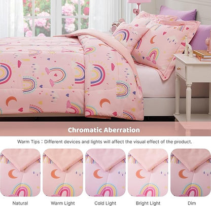 Glow in The Dark Twin Size Comforter Set for Girls, Pink Rainbow Bedding Set for Kids 1 Comforter, 1 Decor Pillow, 1 Pillow Sham